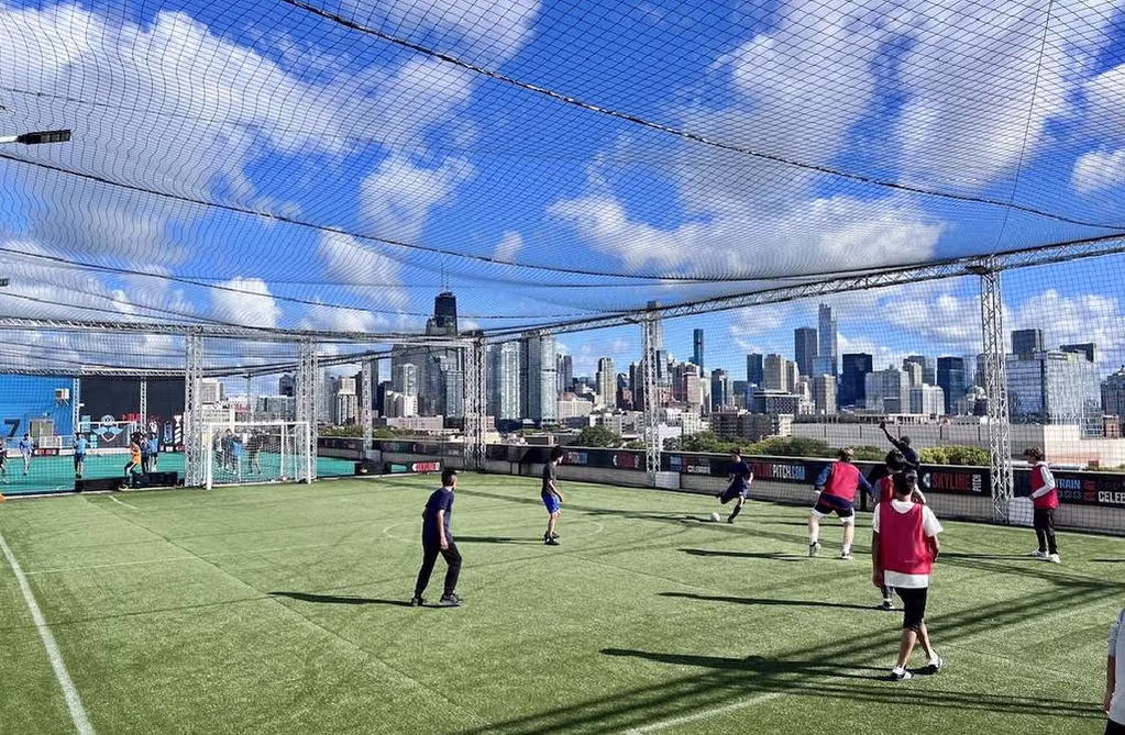Rooftop soccer from seven stories up